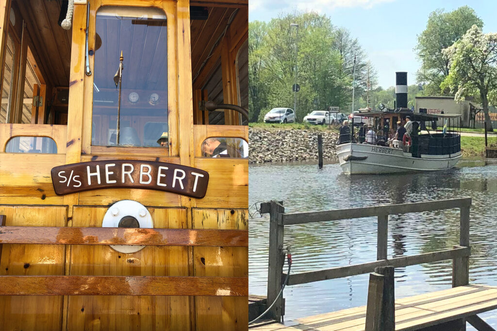 En närbild av skylten för S/S Herbert, och till höger en bild där ångbåten kommer körande på en å.