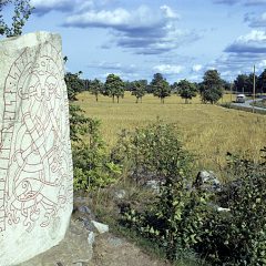 Bilden föreställer runsten vid en väg och med en åker i bakgrunden