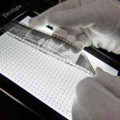 Hand håller i mikrofilm över ett ljusbord.