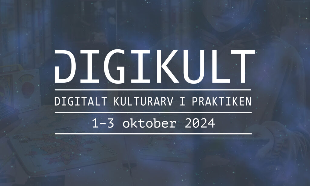 Temabild med vit text på lila-blå bakgrund, text/logotyp för Digikult 2024
