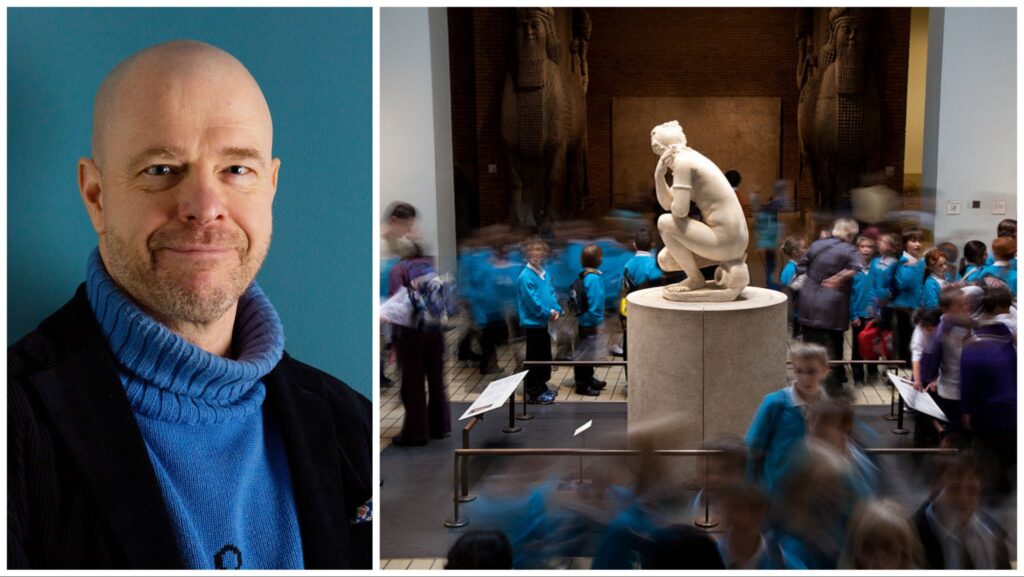 Tvådelat foto: till vänster porträttbild på man i polotröja och kavaj; till höger barn i en utställningssal på British Museum.