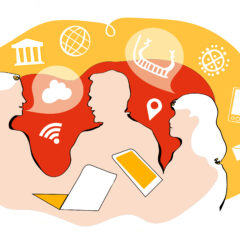 Illustration i vita, gula och orangea färger. På bilden syns tre personer i ett samtal och runt omkring dem svävar olika elektroniska och kulturhistoriska föremål.
