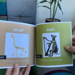 Uppslag i broschyr med bilder på museiföremål i form av en katt och giraff.