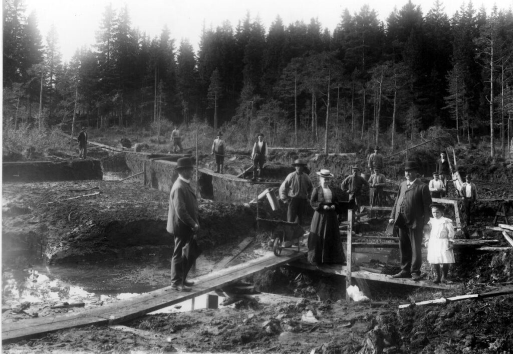 Ett röjt skogslandskap där kvinnor, män och barn står på utlagda plankor över marken som är lerig och blöt.